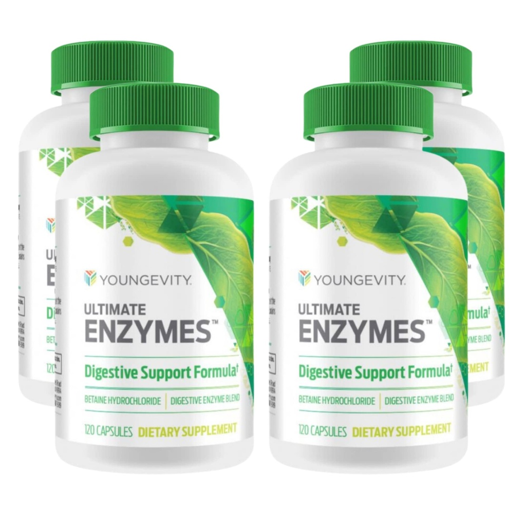 Youngevity Ultimate Enzymes® - Multi enzymes pour la digestion, le gaz et le dégel - Bétaïne HCl, Bile à Ox, Pancréatine 10X, Papaine 6M, Pepsine 1:3000 (120 Capsules - 4 Pack)