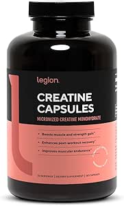 LEGION Micronized Creatine Monohydrate Supplement - Clean Creatine Powder for Muscle Gain & Post Workout Recovery - Micronized Creatine Supplement for Maximum Absorption (30 Servings, Capsule)