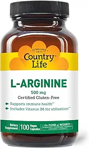 Country Life Caps L-Arginine avec vitamine B-6, 500mg, 100 Capsules Vegan, certifié sans gluten, certifié végétalien