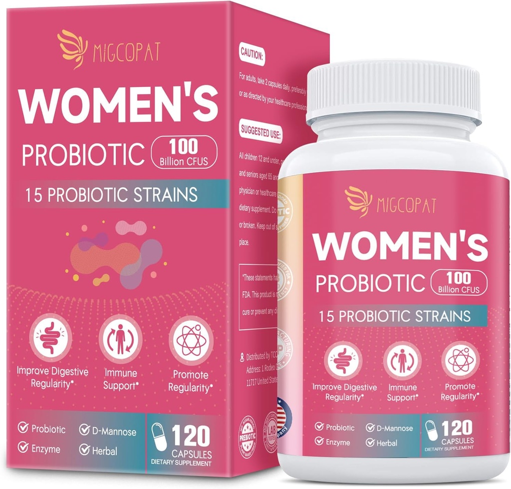 Probiotiques pour les femmes, 100 milliards de CFU femmes Probiotique avec prébiotiques, enzymes digestives, D-mannose et extrait de canneberge pour le soutien immunitaire, la santé vaginale et urinaire, équilibre digestif - 120 capsules