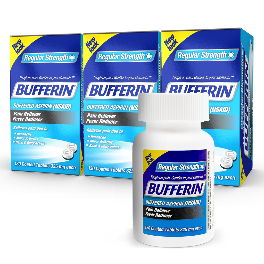 Bufferin Aspirin 325mg, Pain Reliever & Fever Reducer, with 3 Buffering Agents Relieves 7 Types of Pain: Headaches, Back Ache, Arthritis, Muscle Aches & More, for Adults, 130 Coated Tablets, 3 Pack