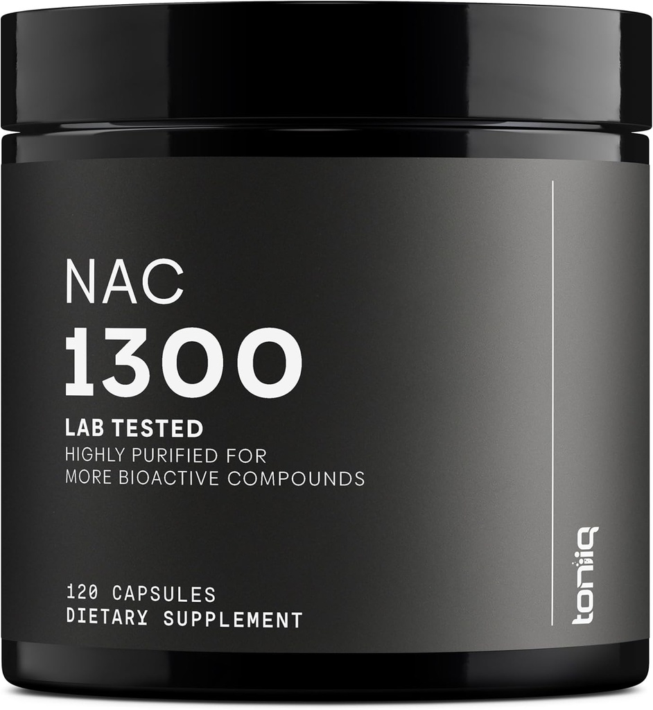 Toniiq 1300mg NAC - 2 mois d'approvisionnement - Min. 98%+ Purité testée - Supplément Cystéine NAC à ultra haute résistance biodisponible - 120 capsules d'acétyl Cystéine N végétariennes -Lab Testé TQ