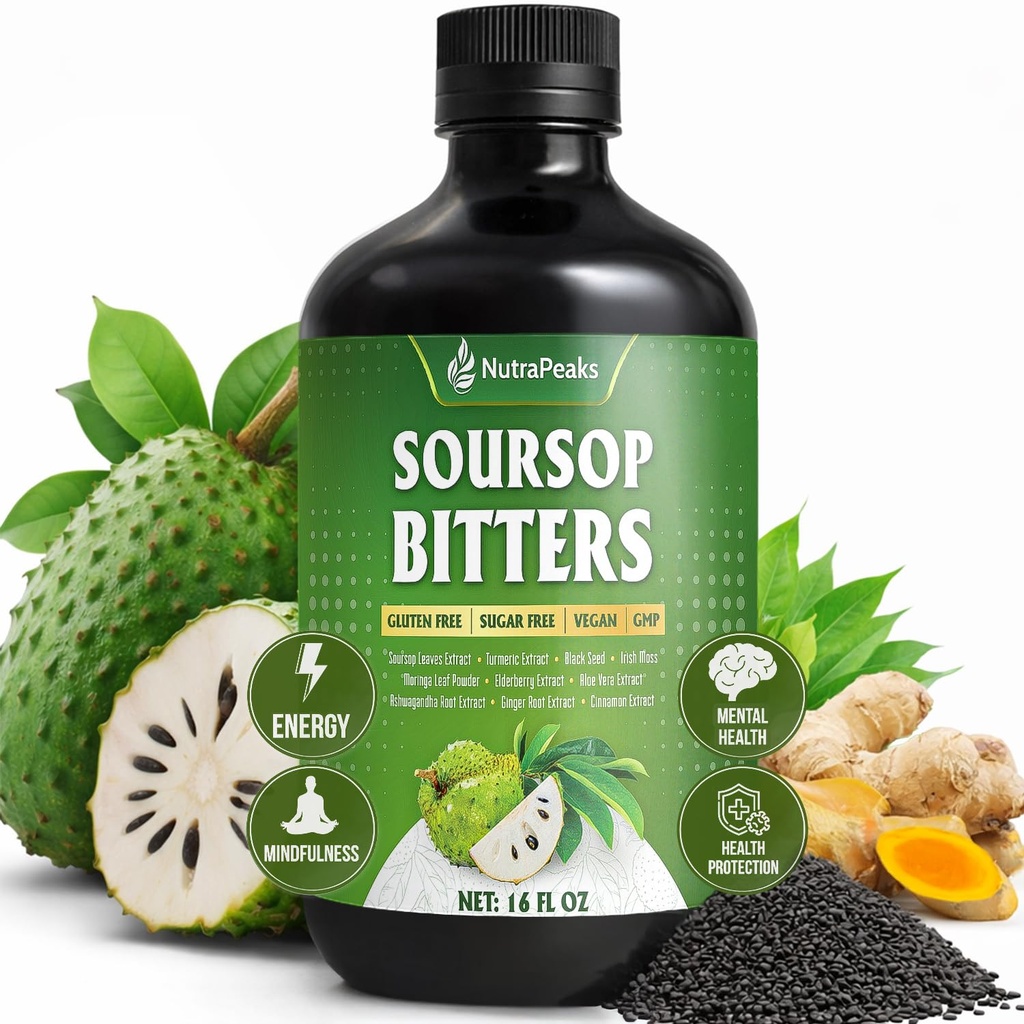 Soursop Bitters Liquid – Herbal Detox Formula with Soursop, Turmeric, Moringa & Black Seed by NutraPeaks – Supports Immune Health & Digestive Balance – 16 fl oz