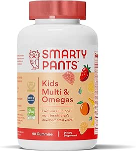 SmartyPants Gommies multivitamine pour enfants : Huile de poisson Oméga 3 (EPA/DHA), Vitamine D3, C, Vitamine B12, B6, A, K & Zinc pour le soutien immunitaire, Biotine, Sans gluten, Trois arômes de fruits, 90 Comte (22 jours)