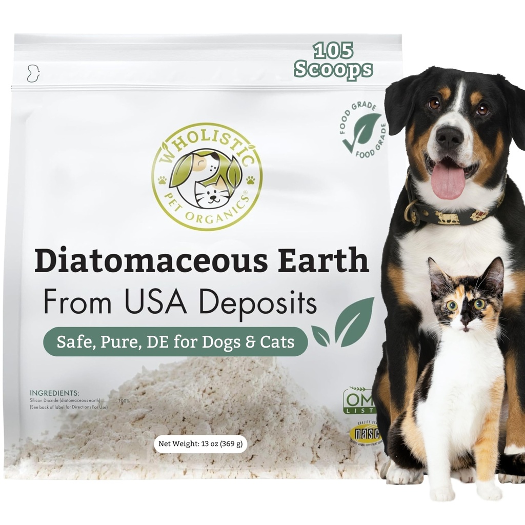 Wholistic Pet Organics Diatomaceous Earth - Nourriture pour chiens et chats - 13 Oz - Poudre à usages multiples - Pet Safe Non-Chemical Freshwater Source Silica soutient la santé globale - fraîchement fabriqué aux États-Unis