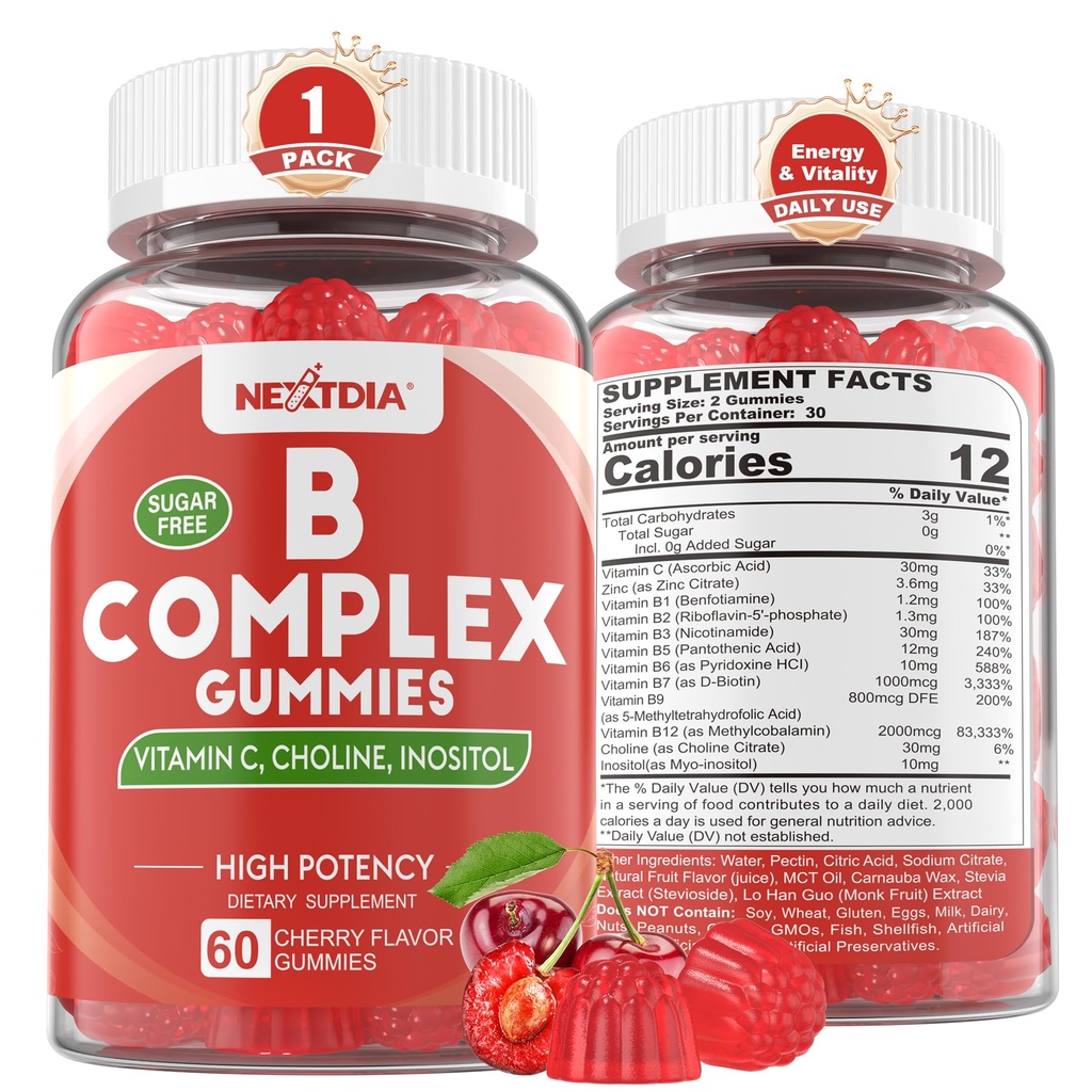 Gommies complexes de vitamine B, Gommies véganes de vitamine B avec 2000 mcg de méthyle B12, Folate de méthyle Plus Choline + Inositol, Vitamine C + Zinc pour soutenir l'énergie, l'humeur, Immune, cheveux sains, peau - 60 Cts