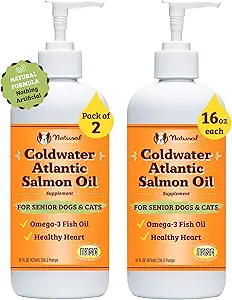 Natural Dog Company Coldwater Atlantic Salmon for Dogs 2 Pack -16oz - Supplément d'huile de poisson de chien senior avec Omega 3, facile à digérer, soutien conjoint, pour les familles de chiens multiples, grands chiens de race