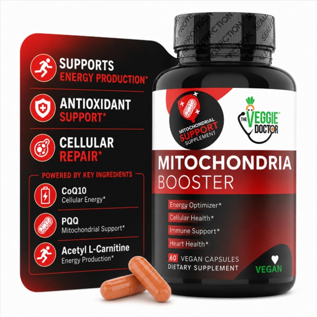 Vegan Mitochondrial Support – Advanced Cellular Wellness & Natural Energy Formula with CoQ10, PQQ, Acetyl-L-Carnitine, Alpha-Lipoic Acid, Magnesium, BioPerine® - Daily Support (60 Capsules)