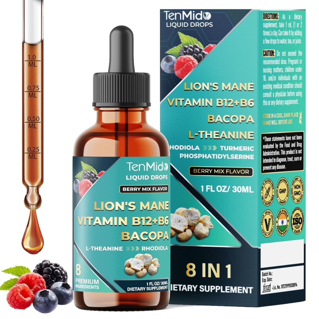 8in1 Lions Mane Mushroom - Extract Liquid Supplement with Phosphatidylserine, Bacopa, L-Theanine, Rhodiola Rosea, Turmeric Curcumin, and More - 30ml 1 Fl Oz