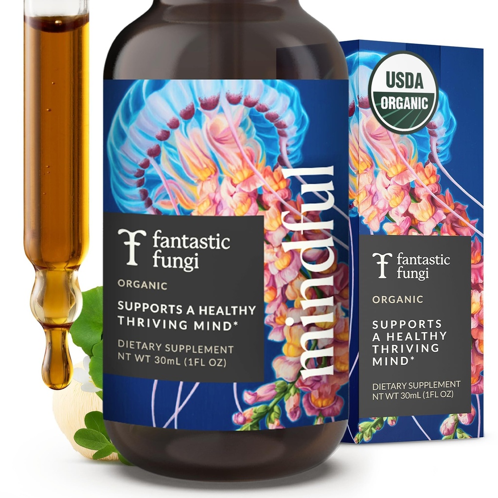 Fantastic Fungi Organic Mushroom Tincture with Lions Mane Mushroom Extract, Bacopa & Ginkgo Leaf - Mindful - Elixir Drops for Focus, Clarity & Memory Support - Formulated in USA, 30 Servings, 1 fl oz