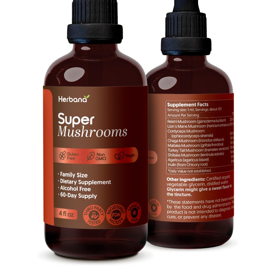 Super Mushroom Complex 8 in 1 Liquid Extract - 4 fl oz Drops with Reishi Lion’s Mane Cordyceps Chaga Maitake Turkey Tail Shiitake Agaricus for Focus Immune Wellness and Daily Energy