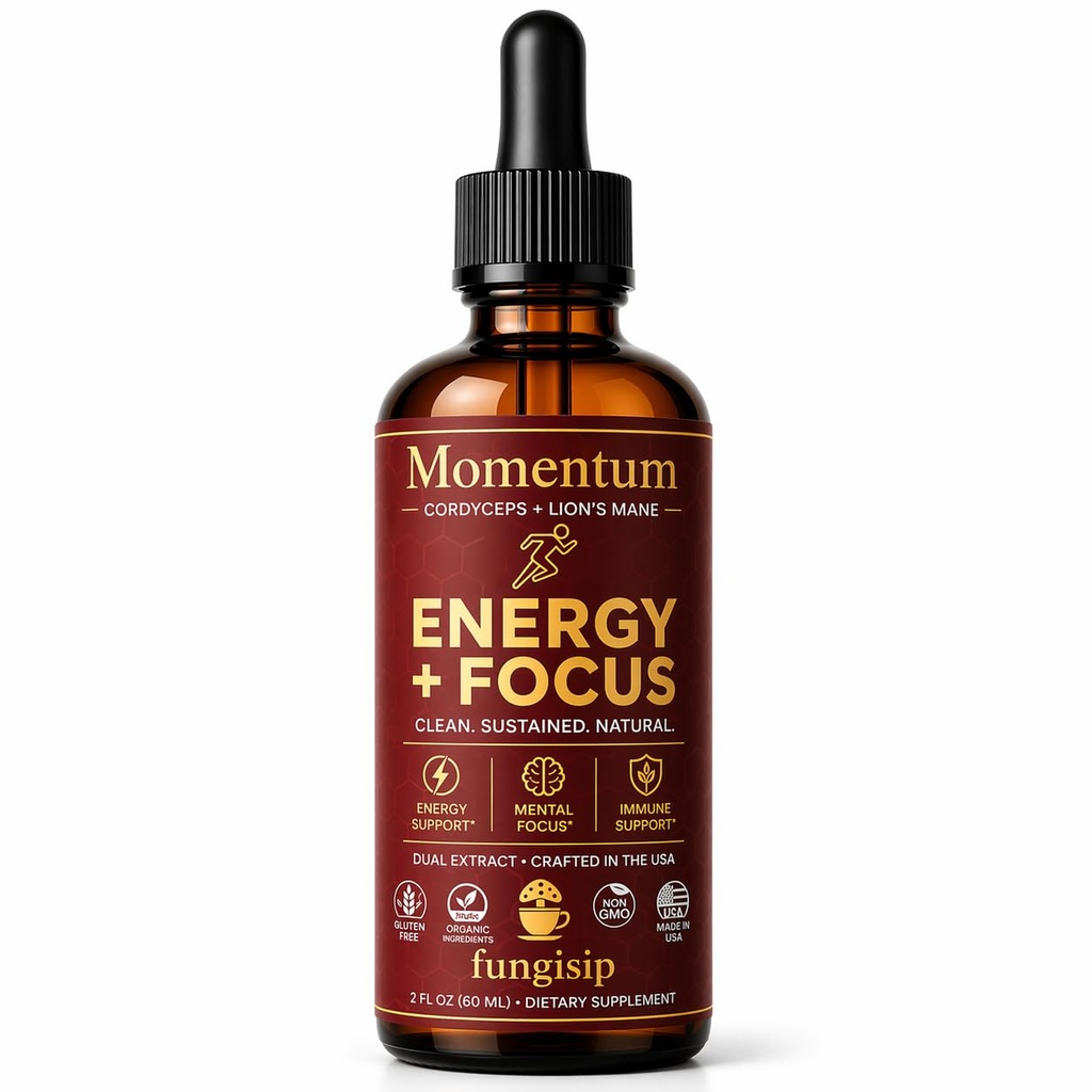 Momentum Cordyceps & Lion’s Mane Mushroom Tincture Drops — Energy & Focus Liquid Extract — Organic Ingredients — 2 oz