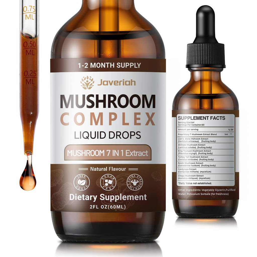 Mushroom Complex Liquid Drops Supplement with Lion's Mane, Shiitake, King Trumpet, Turkey Tail, Reishi, Cordyceps & Chaga,7 in 1 Mushrooms Complex Blend Tincture 2 fl oz