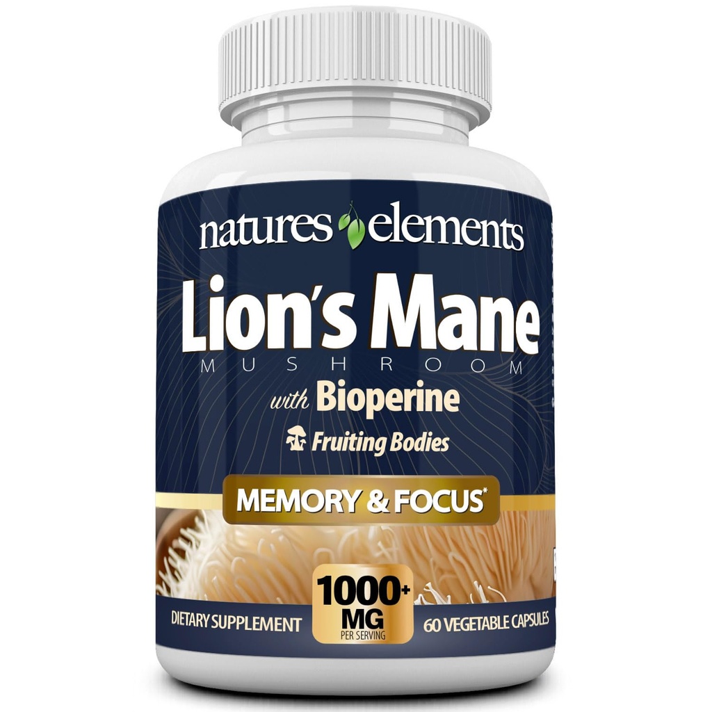 Natures Elements Lion’s Mane Mushroom with BioPerine – 10:1 Extract – 1000mg Lion’s Mane + 10mg BioPerine – 30% Polysaccharides – 60 Vegetarian Capsules – Cognitive & Nerve Support – Non-GMO
