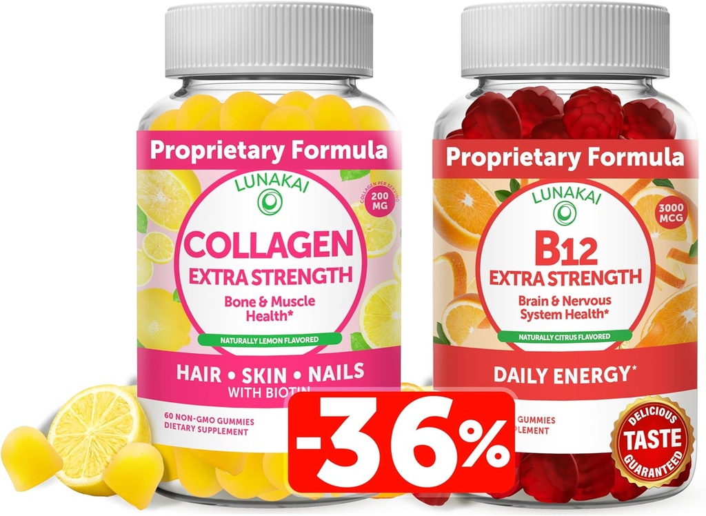 Lunakai Collagen & Biotin Gommies Bundle - Vitamines pour les cheveux, la peau et l'apparence jeune - Suppléments protéiques anti-âge non OGM pour les hommes et les femmes - 30 jours d'approvisionnement