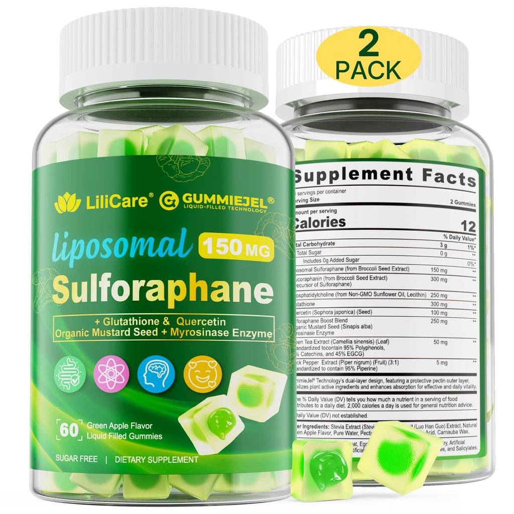 Liposomal Sulforaphane Supplement 150mg, from Broccoli Seed Extract w/Myrosinase, Quercetin, Glutathione, Sulforaphane Supplement Gummies for Antioxidants Detox Cellular Brain Health, Chewable 120Cts