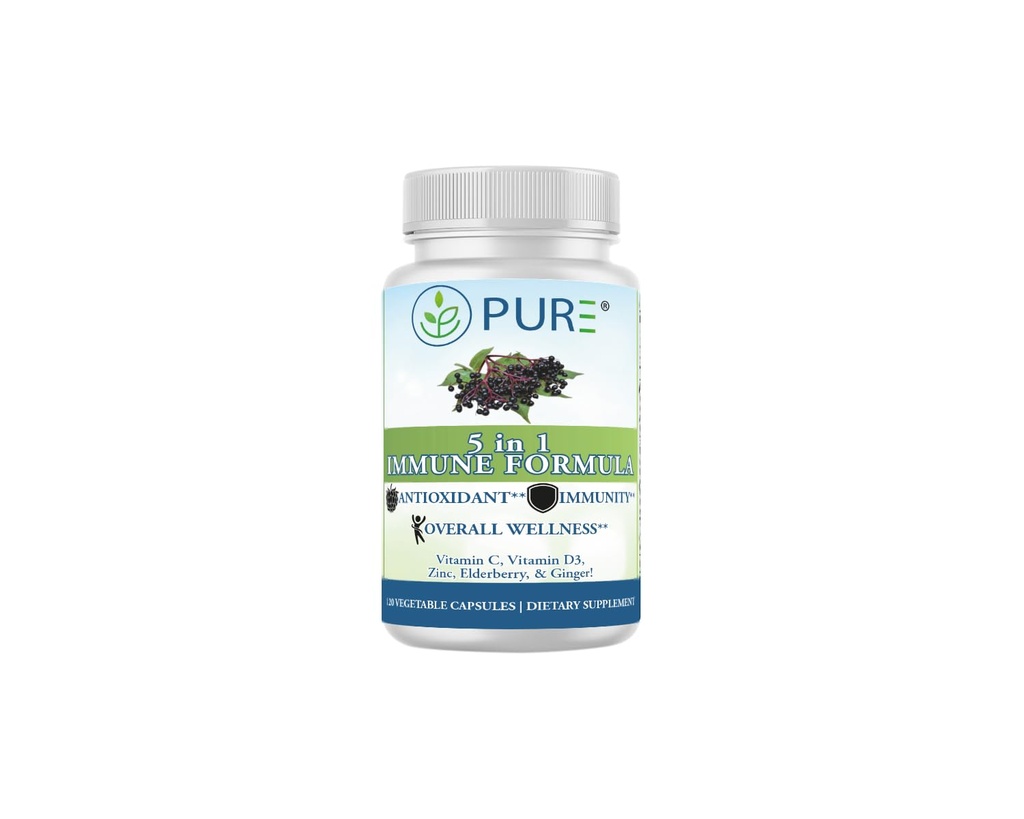 PURE® 5 in 1 Immune Formula - 120 Capsules - Black Elderberry 100 mg, Vitamin C 1000 mg, Vitamin D3 125 mcg (5000 IU), Zinc & Ginger Root - All-in-One Seasonal Defense Shield - Antioxidant Support USA