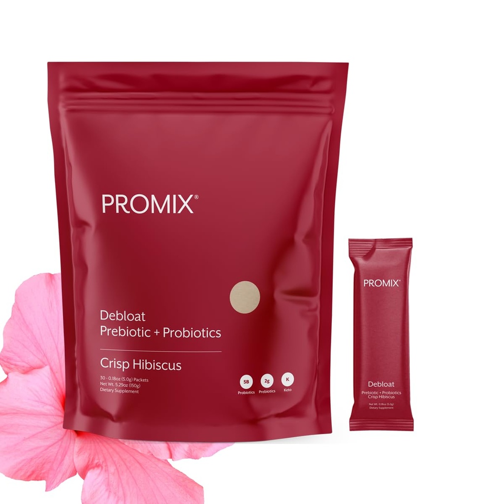 ProMix Nutrition Debloat Prebiotics and Probiotics Immune Support Supplement for Digestion, Cortisol Health, Gut Cleanse - Hibiscus - 30 Servings (Pack of 30)