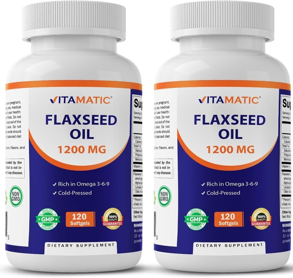 Vitamatic 2 Pack Huile de lin 1200mg 120 de graines de lin pressé à froid - 675 mg d'acides gras ALA Oméga 3 pour améliorer la santé cardiaque