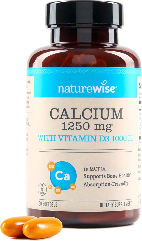 NatureWise Haute pureté, Calcium tout naturel 1250mg + Vitamine D3 1000IU + Huile de noix de coco MCT biologique - Grossesse sans danger + non-OGM - Absorption amicale, sans gluten - 60 Softgels[30 jours]