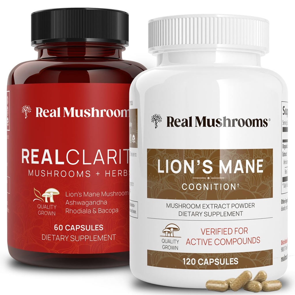 Real Champignons RealClarity (60ct) et Lions Mane (120ct) Capsules Bundle - Supplément Champignon pour la santé cérébrale, la clarté mentale, la focalisation, la cognition et le soutien immunitaire - Vitamines cérébrales avec/Ashwagandha