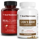 Real Champignons RealClarity (60ct) et Lions Mane (120ct) Capsules Bundle - Supplément Champignon pour la santé cérébrale, la clarté mentale, la focalisation, la cognition et le soutien immunitaire - Vitamines cérébrales avec/Ashwagandha