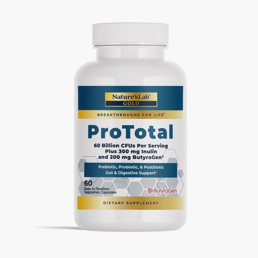 Nature's Lab Gold ProTotal - 60 milliards CFU Probiotique, prébiotique, postbiotique, synbiotique - avec Butyragen (générateur de butyrate direct) 60 Ct