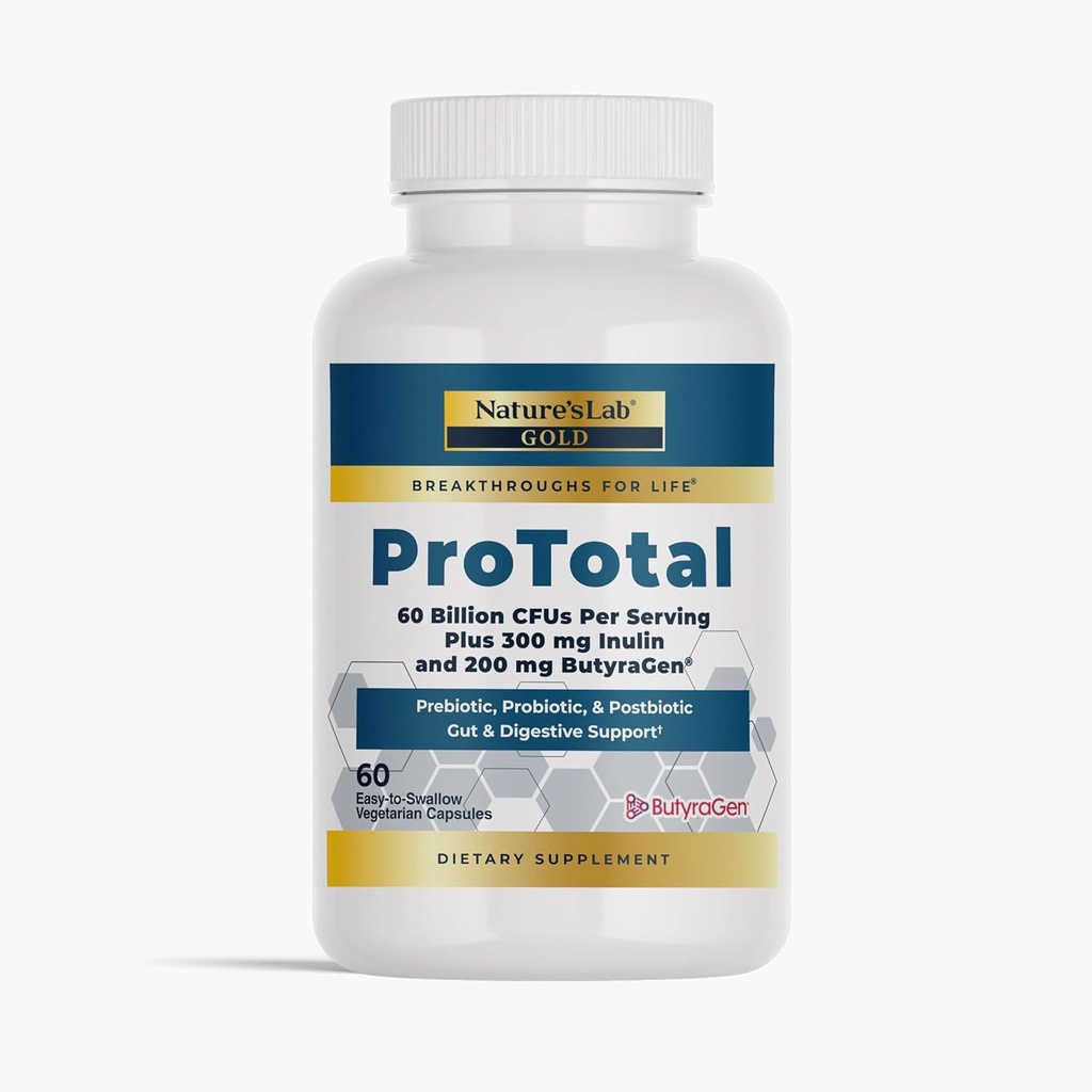 Nature's Lab Gold ProTotal - 60 milliards CFU Probiotique, prébiotique, postbiotique, synbiotique - avec Butyragen (générateur de butyrate direct) 60 Ct
