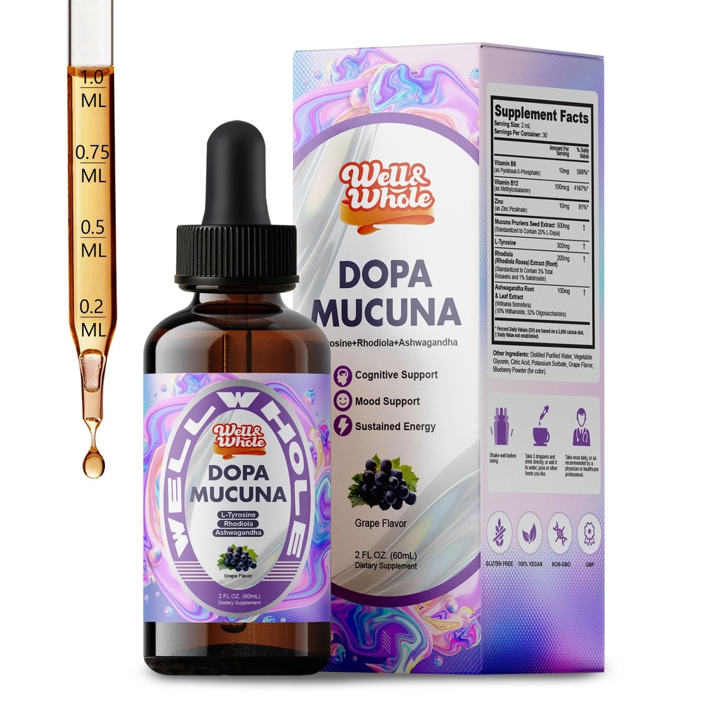 Well&Whole Gentle Dopamine Supplements, Mucuna Pruriens with L-Tyrosine, Daily Energy & Focus, Ashwagandha Extract, Rhodiola Rosea, Alcohol-Free, Sugar-Free, 60 mL