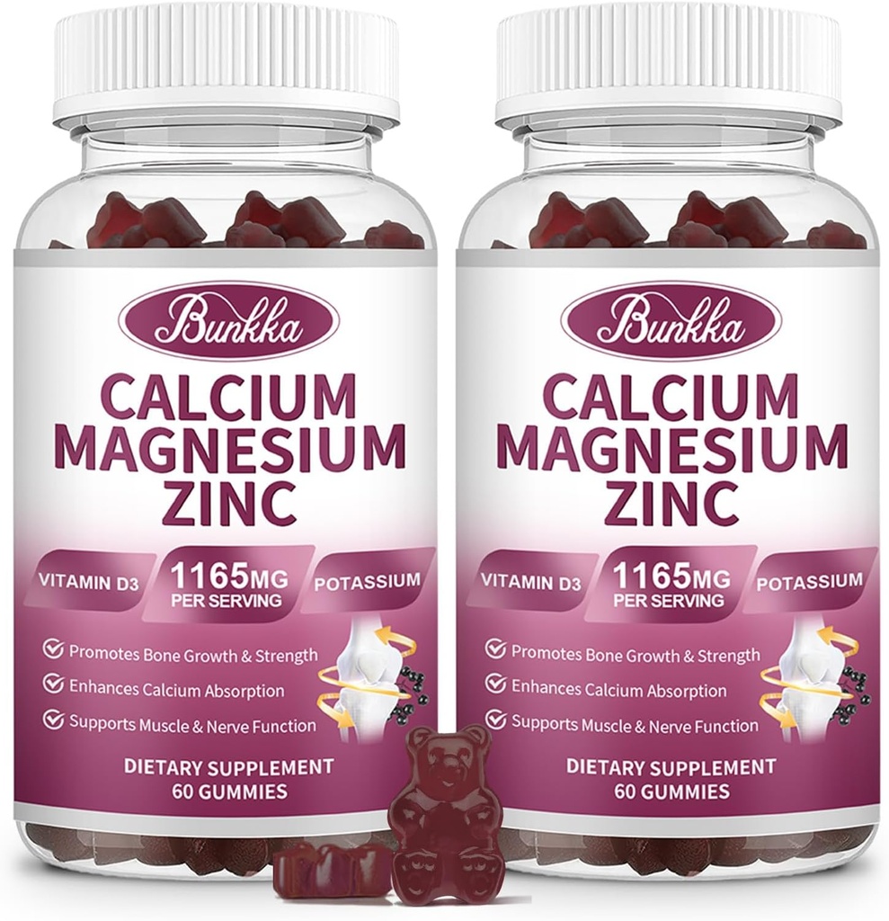 Gommies de zinc de magnésium de calcium avec Glycinat de magnésium 200mg, Potassium, D3, Mousse de mer, Calme d'humeur et de sommeil- Enfants et adultes 2 Pack