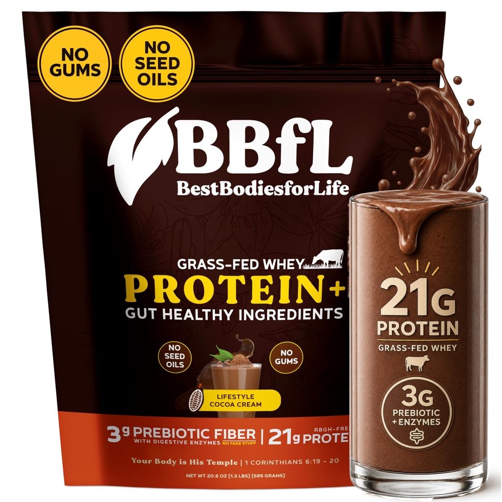 BBfL Grass-Fed Whey Protein Shake – 21g rBGH-Free Protein, Cocoa + Apple Cider Vinegar, Prebiotics, Digestive Enzymes, Supports Gut Health – All-in-One Shake for Women & Men (15 Servings, Cocoa Cream)