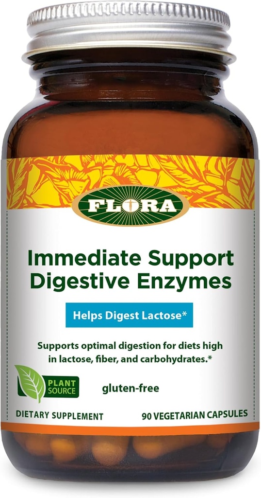 Udo's Choice Flora - Support immédiat Enzymes digestifs - Supports Lactose Digestion, Bloating, Heartburn & Gas - Contient 7 Enzymes - Sans gluten - 90 Capsules végétariennes