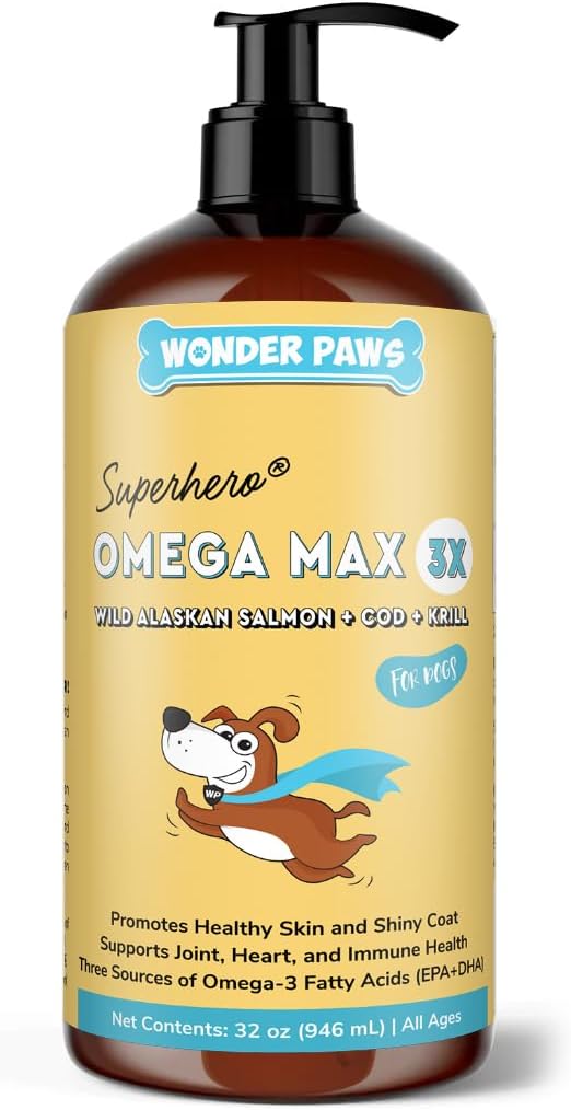 Wonder Paws Fish Oil for Dogs - Oméga 3 pour les chiens du saumon, de la morue et de l'huile de krill de l'Alaska - Acide gras de l'EPA DHA - Moins de broyage et de démangeaisons - Peau, articulaire, immunitaire et santé du coeur - Supplément liquide (32 oz)