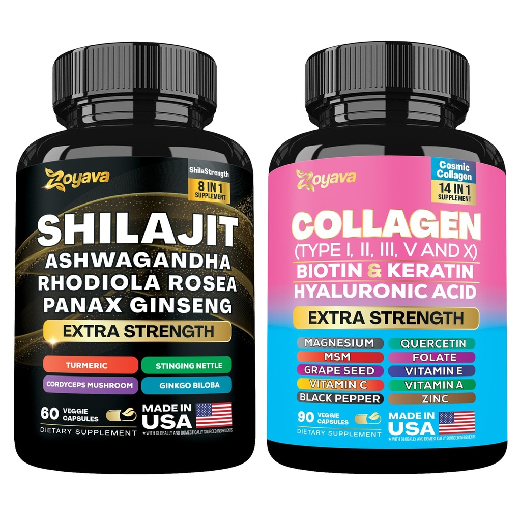 Zoyava Wellness Duo - Shilajit, Ashwagandha, Rhodiola Rosea, Panax Ginseng, Ginkgo Biloba, Cordyceps Mushroom, Turmeric, & Collagen Types I II III V X, Biotin, Keratin, Hyaluronic Acid, Quercetin