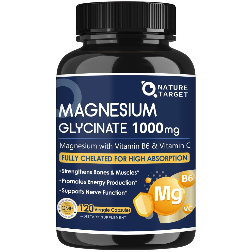 NATURE TARGET Magnesium Glycinate 1000mg with VC & B6, Vegan, 120 Capsules