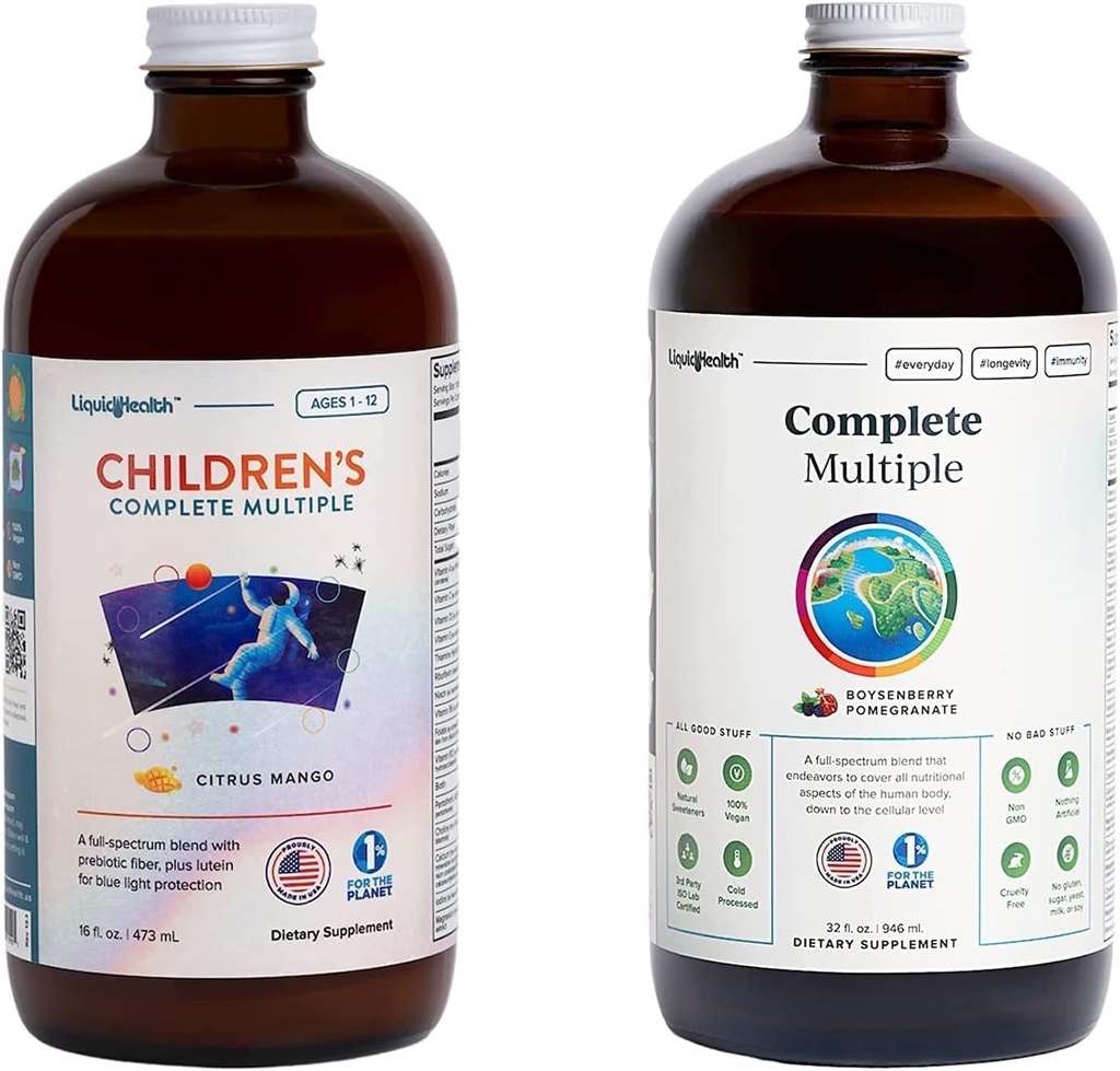 LIQUIDHEALTH Adulte Complet Multiple & Enfants Complet Multivitamine quotidien Multivitamine pour la famille - Soutien Santé globale, Boost Immune System - Fabriqué aux États-Unis, aliments entiers, végétalien, non-OGM