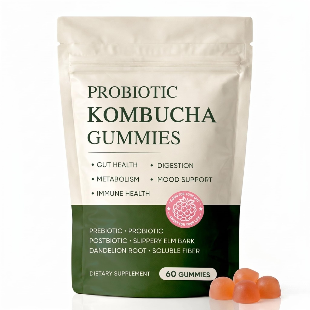 Jevawell Probiotic Kombucha Gummies | Prebiotics, Probiotics, Postbiotics | Slippery Elm Bark, Dandelion Root, Soluble Fiber, Mct Oil | Bloating, Gut Health | 60 Gummies