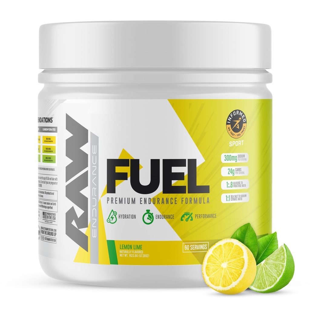 RAW Fuel, Premium Endurance Supplement Powder, Lemon Lime (60 Servings) - Peak Performance, Hydration & Stamina During Workouts, Training or Competition - 24g of Carbohydrates & 300mg of Sodium