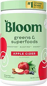 Bloom Nutrition Superfood Greens Poudre, Enzymes digestifs avec probiotiques et prébiotiques, Gut Health, Bloating Relief pour les femmes, Chlorella, Mélange de jus vert avec poudre de racine de betterave, 25 SVG, cidre de pomme