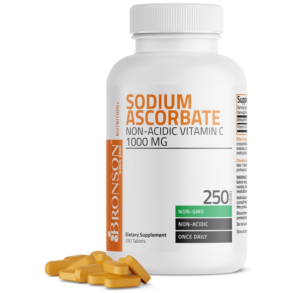 Bronson Ascorbate de sodium Vitamine C 1000 Mg Comprimés non acides - Doucement sur l'estomac - Système immunitaire Booster - puissant antioxydant - Supplément de vitamine C non OGM, 250 Compte