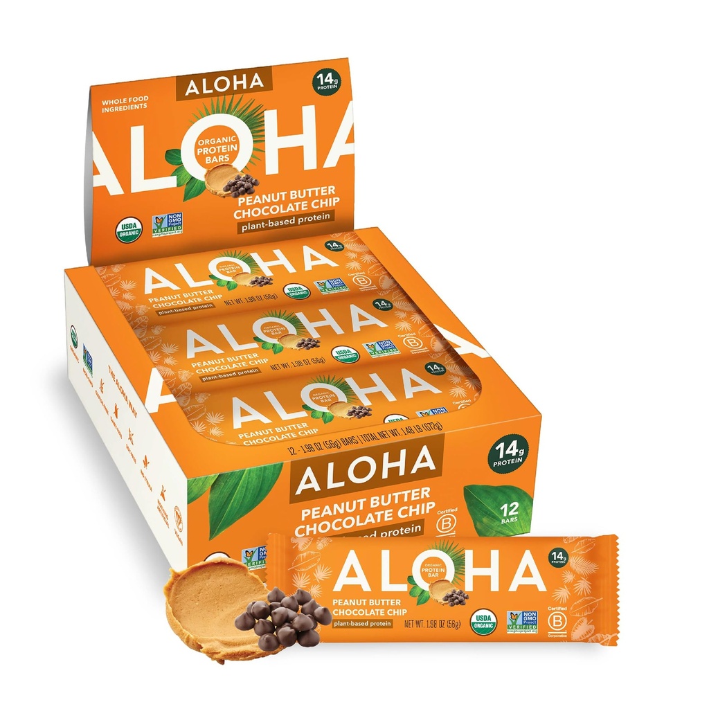 Garden of Life Organic Vegan Protein Powder, Protein Bars Bundle Raw Organic Plant Based Protein with Probiotics & Aloha Peanut Butter Chocolate Chip Bars (12 Count)