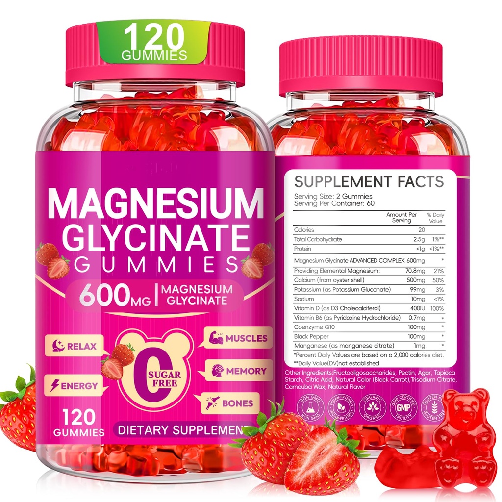 Glycinat de magnésium 600mg, Gommies de potassium sans sucre à croquer Gommies de magnésium avec Glycinat de magnésium, vitamine D, B6 et CoQ10 pour le sommeil, la relaxation, le cerveau et le muscle, 60 jours d'approvisionnement