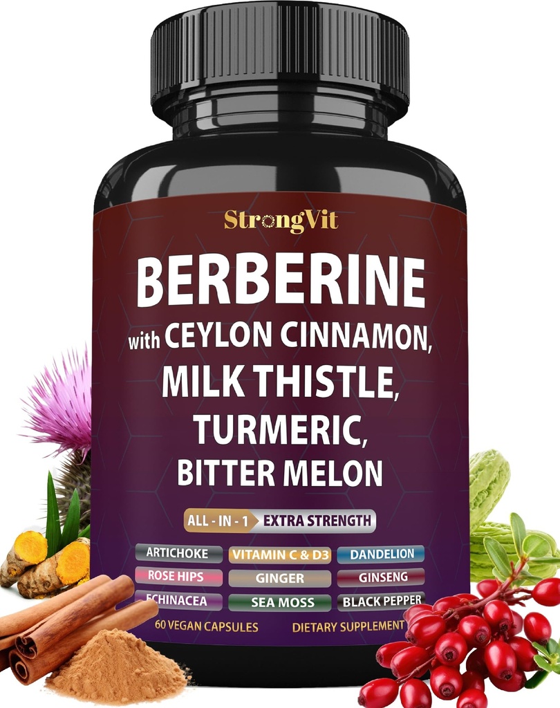 Berberine with Ceylon Cinnamon Supplement, Milk Thistle, Turmeric Bitter Melon for Digestion, Immunity & Entire Body Wellness. Organic Complex for Men & Women, Non-GMO, Gluten-Free, Vegan, USA