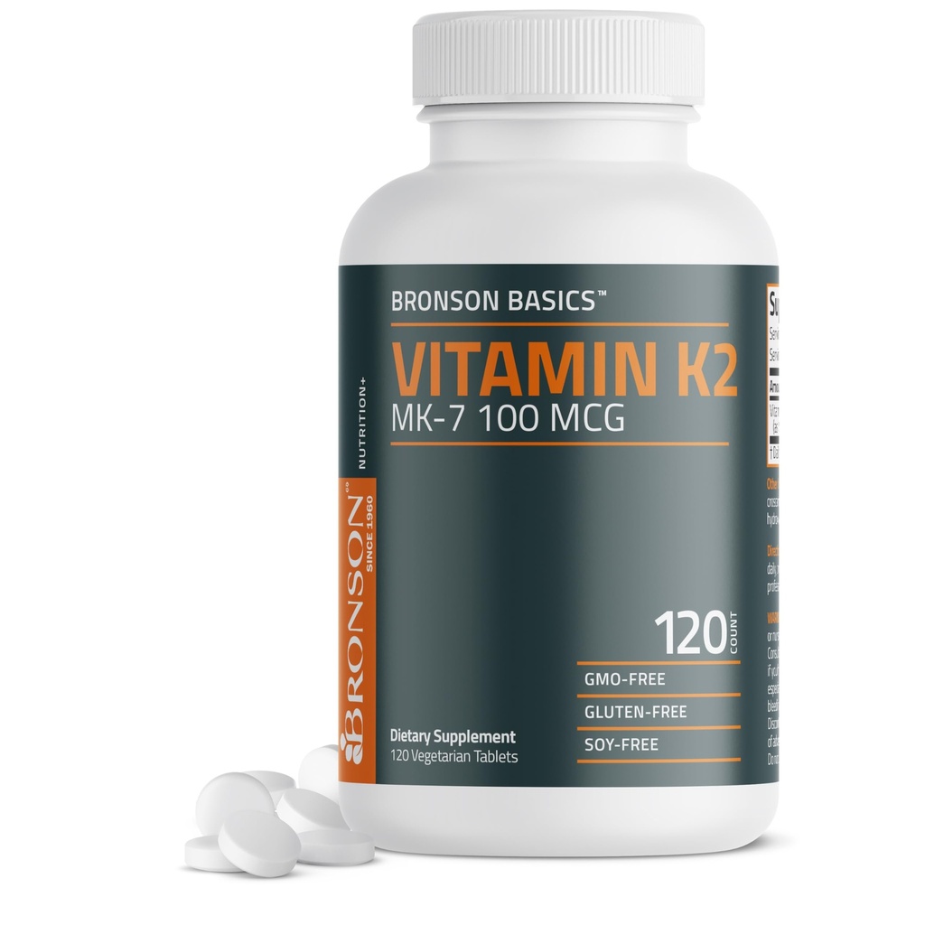 Bronson Vitamine K2 MK-7 100 MCG, K2 en MK7 Ménaquinone, soutien os non-OGM, 120 comprimés