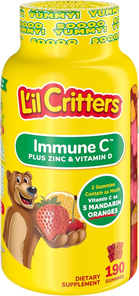 Vitamine pour les enfants, pour les vitamines C, D et zinc pour le soutien immunitaire, orange, citron, fraise et cerise, 190 gommies (paquetage mai Vary)