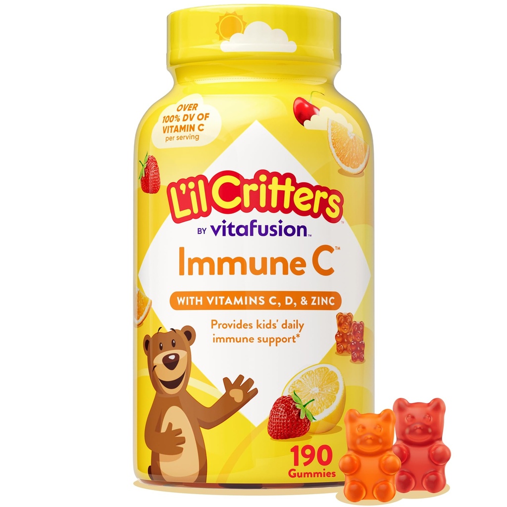 Vitamine pour les enfants, pour les vitamines C, D et zinc pour le soutien immunitaire, orange, citron, fraise et cerise, 190 gommies (paquetage mai Vary)