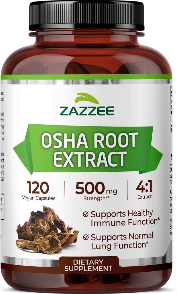 Zazzee OSHA Root 4:1 extrait, 500 mg de force, 120 capsules véganes, 4 mois d'approvisionnement, concentré et normalisé 4X extrait, 100% végétarien, Ligusticum porteri, tout naturel et non-OGM