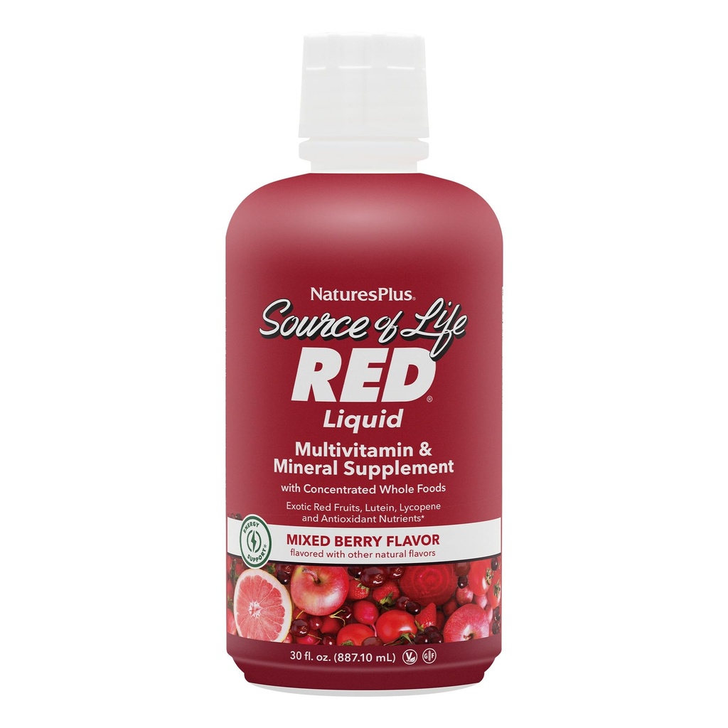 NaturesPlus Source of Life RED Multivitamin Liquid - 30 oz - Energy & Immune Support - with Exotic Red Fruits, Lycopene & Lutein - Vegetarian & Gluten Free - 30 Servings