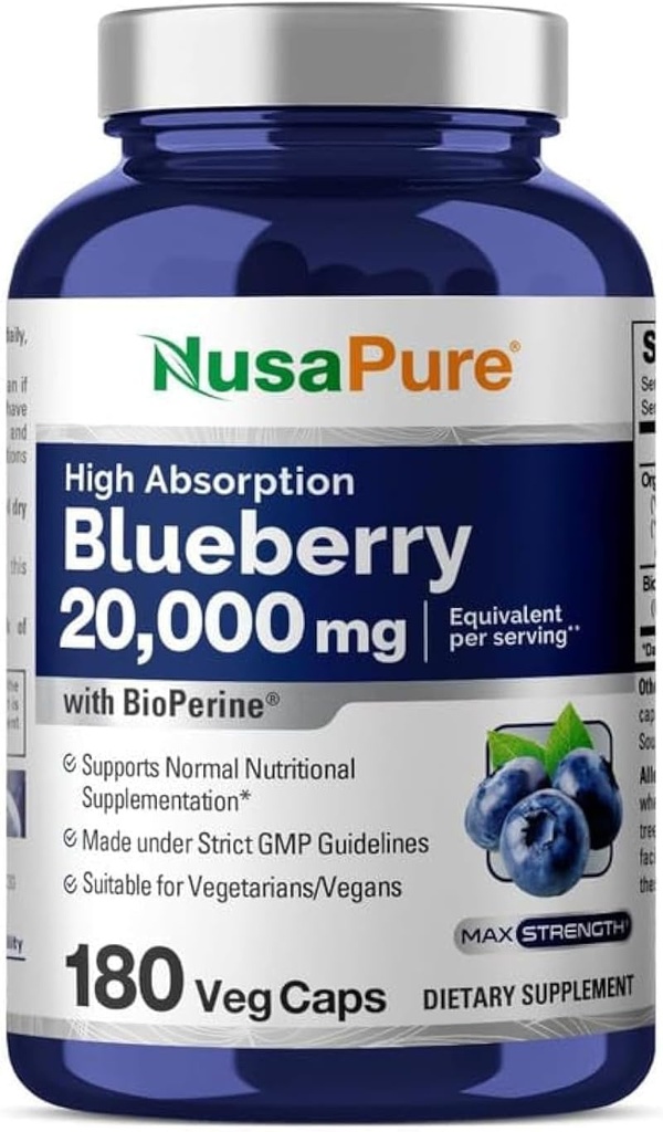 NusaPure Blueberry Concentrate 20 000mg - 180 capsules de poudre de légumes (extrait 30:1, 100% végétarien, non-OGM)