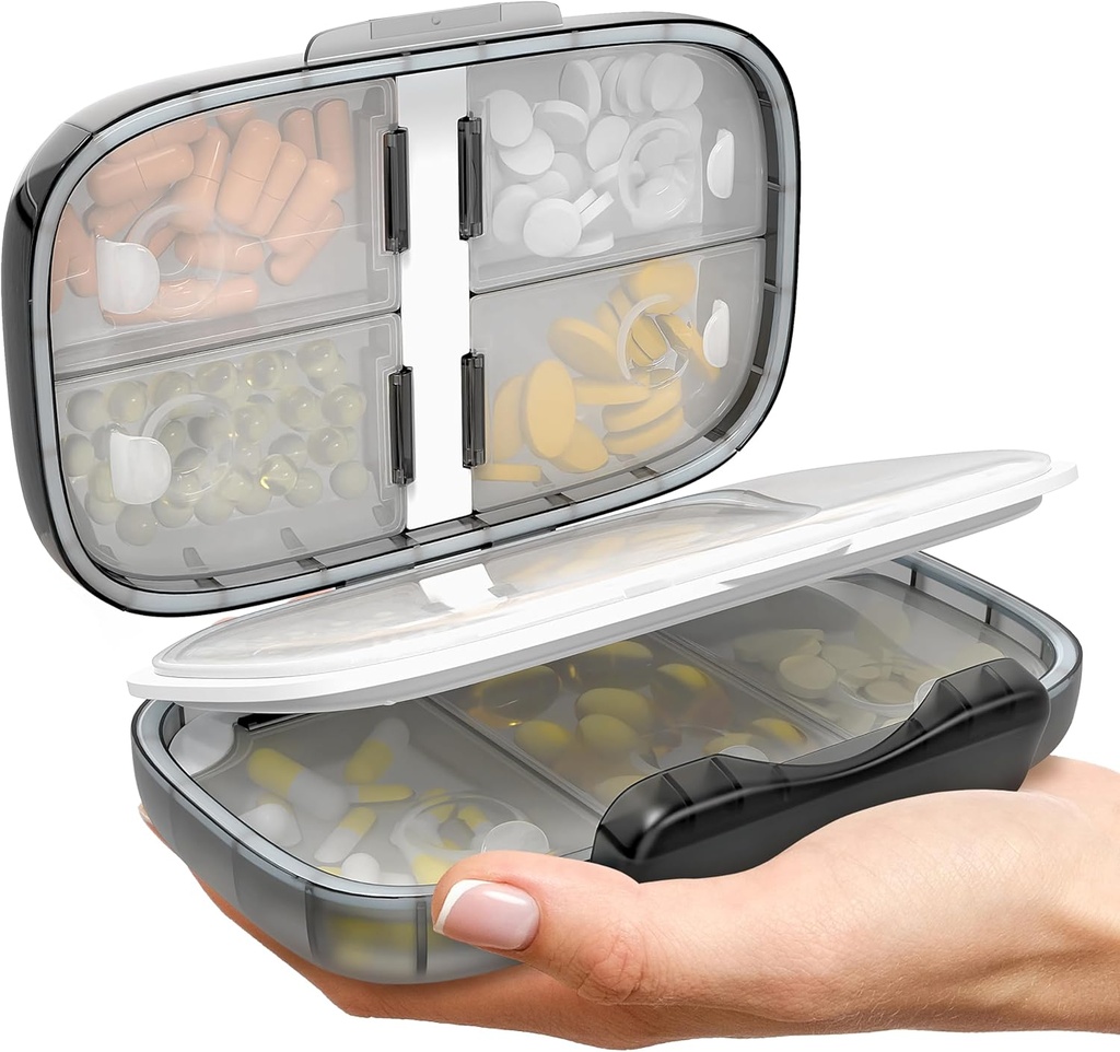 Organisateur de pilules de voyage - Cas de médecine hermétique pour voyager Boîte de pharmacie portable avec étiquettes Conteneur de vitamine 8 Supplément de compartiment Porte-médicaments Grande capacité quotidienne (Noir-2)
